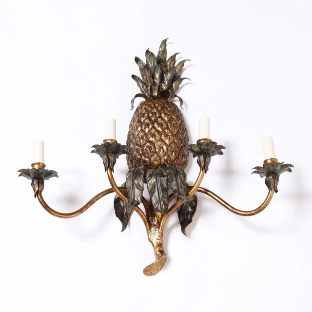 Mid 20th Century Pair of Italian Tole Pineapple Wall Sconces For Sale - Image 5 of 10