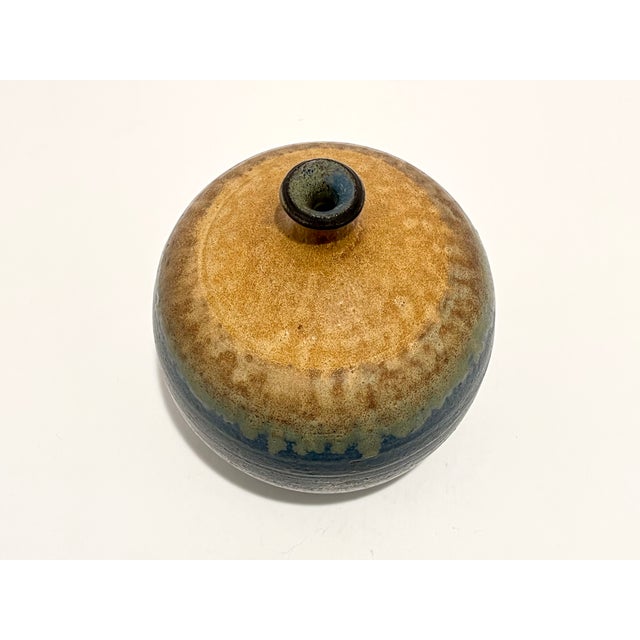 Vintage 1971 Signed Chi Studio Pottery Bottle Vase Blue Amber Drip Glaze Sculptural vintage studio pottery bottle-form...