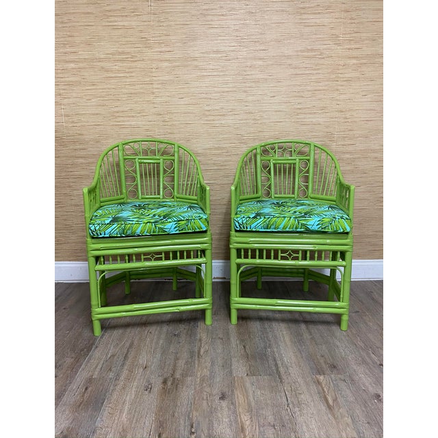 Vintage Lacquered Rattan Chairs With Palm Cushions a Pair Chairish