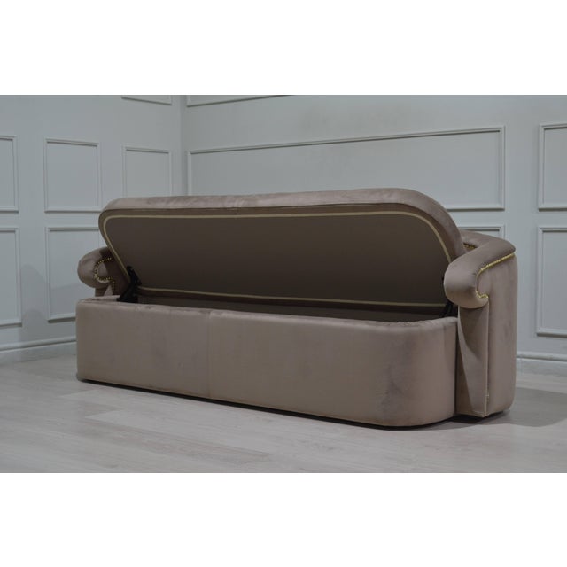 Contemporary Taupe Velvet Sofa with Scalloped Backrest and Brass Nailhead Trim by Cavio Casa For Sale - Image 3 of 5
