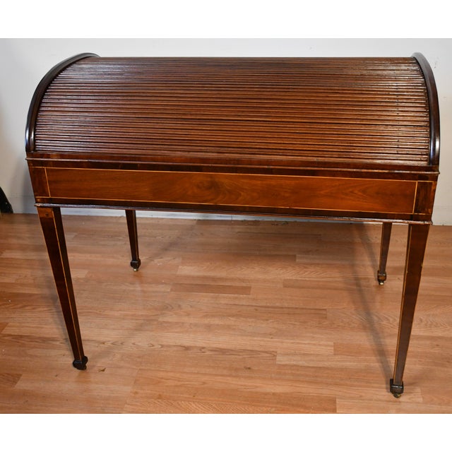 1870s Antique English Regency Mahogany Inlaid Cylinder Tambour Roll-Top Desk For Sale - Image 16 of 18