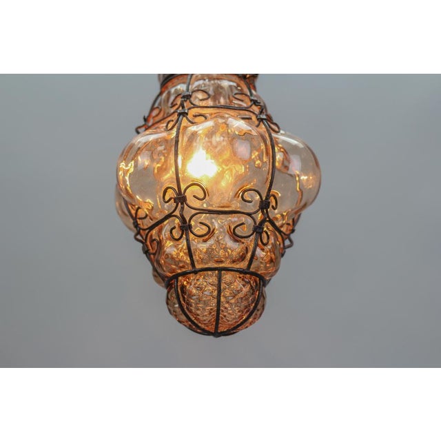 Metal Italian Venetian Amber Smoke Coloured Clear Murano Glass Caged Hanging Lantern, 1950s For Sale - Image 7 of 18