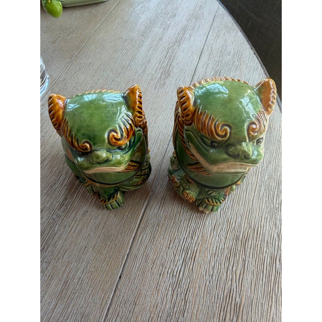 Ceramic Mid Century Petite Green Glazed Bisque Foo Dogs, a Pair For Sale - Image 7 of 8