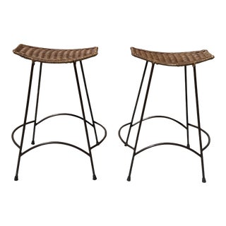 1970s Vintage Wicker & Wrought Iron Counter Stools by Arthur Umanoff - a Pair For Sale