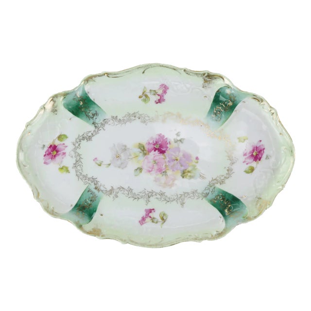Antique Green and Gold Floral Porcelain Vanity Tray - Hand-Painted Oval Dish For Sale