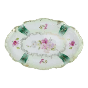 Antique Green and Gold Floral Porcelain Vanity Tray - Hand-Painted Oval Dish