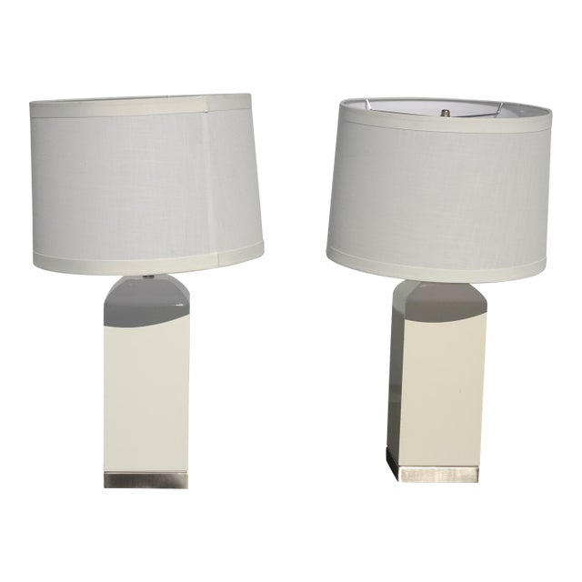 Pair of Modern Table Lamps W White Lamp Shades For Sale