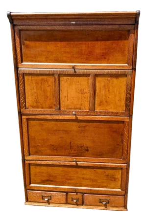 Antique 4 Section Quarter Sawn Oak Barrister Bookcase Lundstrom W Blind Doors and File Drawers 1905