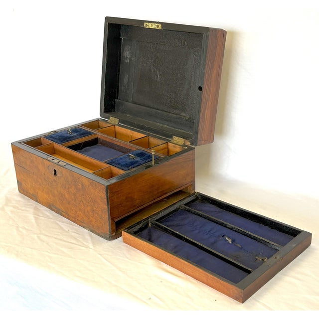 Beautifully crafted antique English writing box from the turn of the century. It is made of solid burlwood with a mother-...