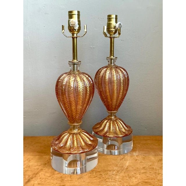 Tangerine Vintage Murano Glass Lamps With Lucite Bases - Pair For Sale - Image 8 of 12