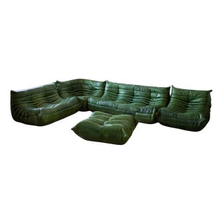 Togo Set in Dubai Green Leather, 1970s, Set of 5 For Sale