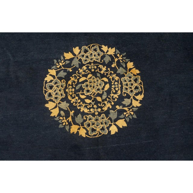 Navy Blue Antique Peking Chinese Floral Navy Open Field Medallion Oriental 1920s Rug For Sale - Image 8 of 11