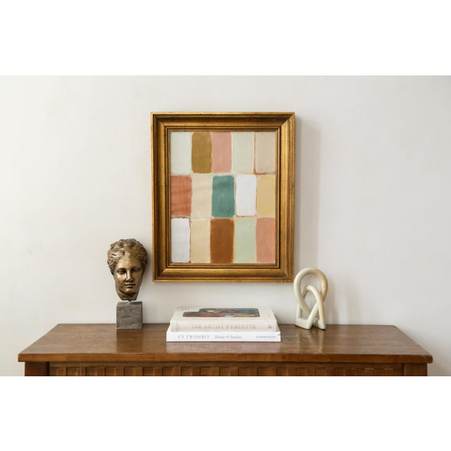 Original abstract painting in a beautiful vintage gold frame. This organic piece has a palette of light sage, sea foam...