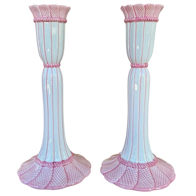 Tiffany and Co. Vintage Pair of Ceramic Pink & White Candlestick Holders - Made in Italy For Sale - Image 4 of 11
