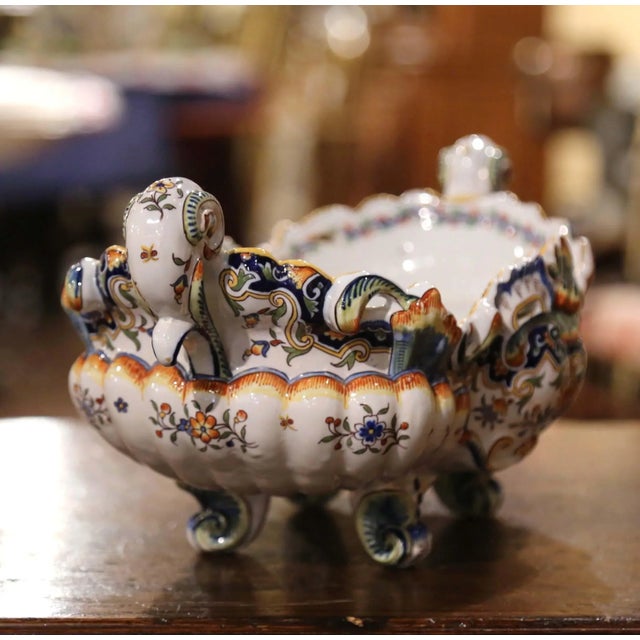 Mid-Century French Louis XV Hand Painted Faience Oval Jardinière From Rouen For Sale - Image 4 of 10