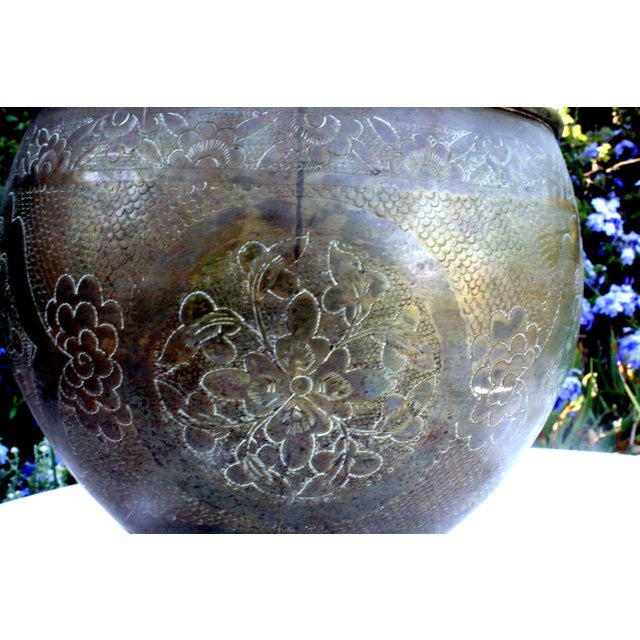 8" Vintage Hand-Chased Brass Cachepot Jardinere – Peony & Chrysanthemum Engravings For Sale - Image 11 of 15