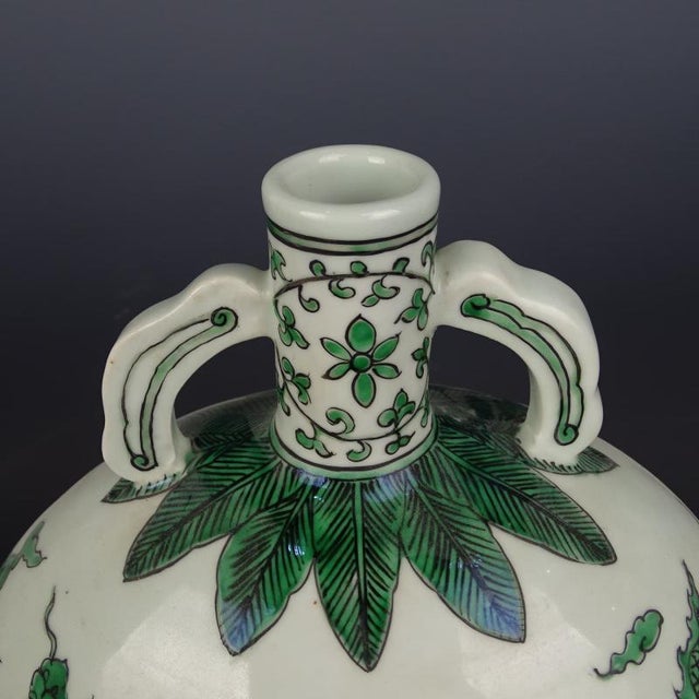Early 20th Century Chinese Vintage Ceramic Vase,Ming Dynasty Xuande Marked Green Color Porcelain Moonflask Vase Hand Painted Dragon Pattern For Sale - Image 5 of 8