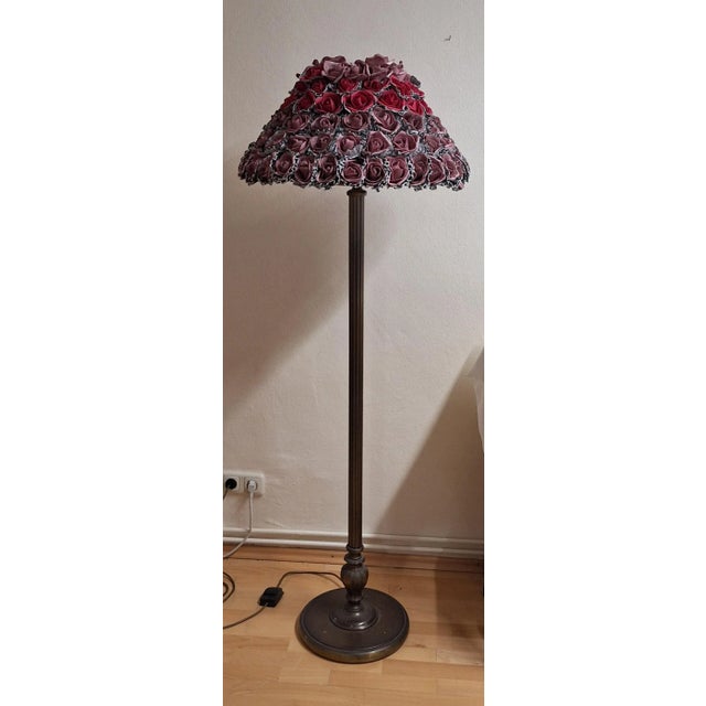 German Art Deco Floor Lamp with Patinated Brass Base and Handmade Flower Shade, 1930s, in Very Good conditions. Designed...
