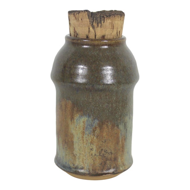 Vintage Earth Tone Handmade Boho Signed Studio Pottery Jar or Pot With Cork Lid Ceramic Canister For Sale