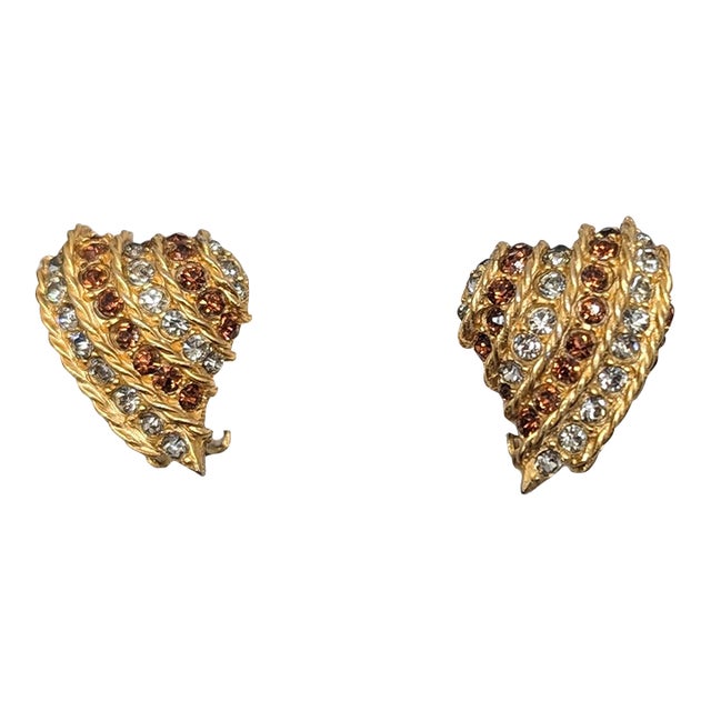 Vintage 1960s Signed Rifas Faux-Topaz & Clear Rhinestone Striped Heart Clip Earrings- 2 Pieces For Sale