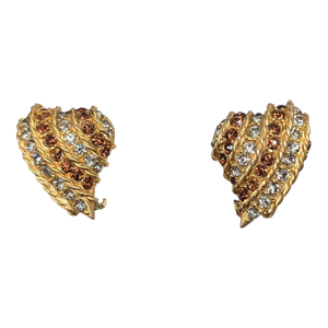 Vintage 1960s Signed Rifas Faux-Topaz & Clear Rhinestone Striped Heart Clip Earrings- 2 Pieces
