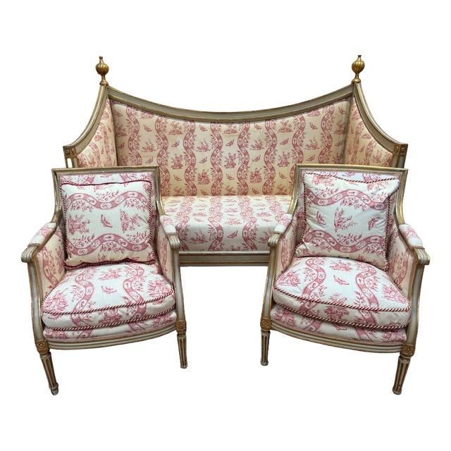 Louis XVI Living Room Sofa and Bergère Chairs in Painted Wood and Toile de Jouy, Set of 3 For Sale