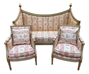 Louis XVI Living Room Sofa and Bergère Chairs in Painted Wood and Toile de Jouy, Set of 3