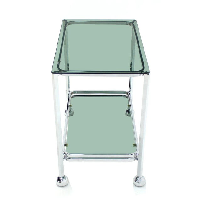 Mid-Century Modern Chrome Tinted Smoked Glass Rolling Tea Cart With Concealed Wheels For Sale - Image 3 of 7