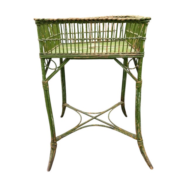 Wood Square Wicker Plant Stand With Woven Gallery For Sale - Image 7 of 7