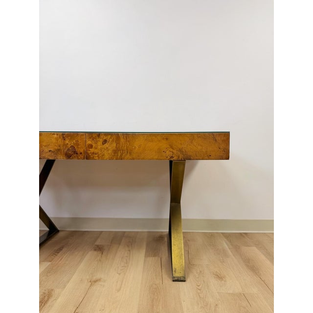 Vintage John Stuart MCM Burlwood Executive Desk Bronze Legs Glass Top Collectable For Sale In Tampa - Image 6 of 13