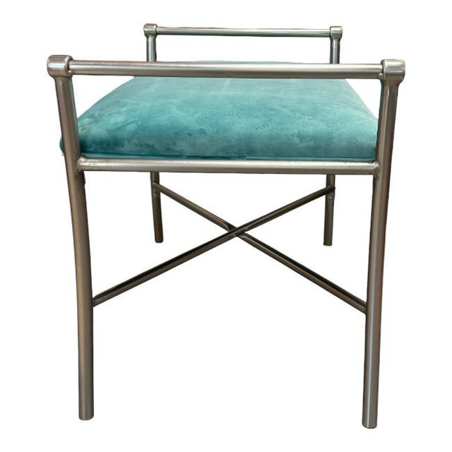 Mid-Century Modern Chrome Bench in Plush Velvet For Sale - Image 3 of 6