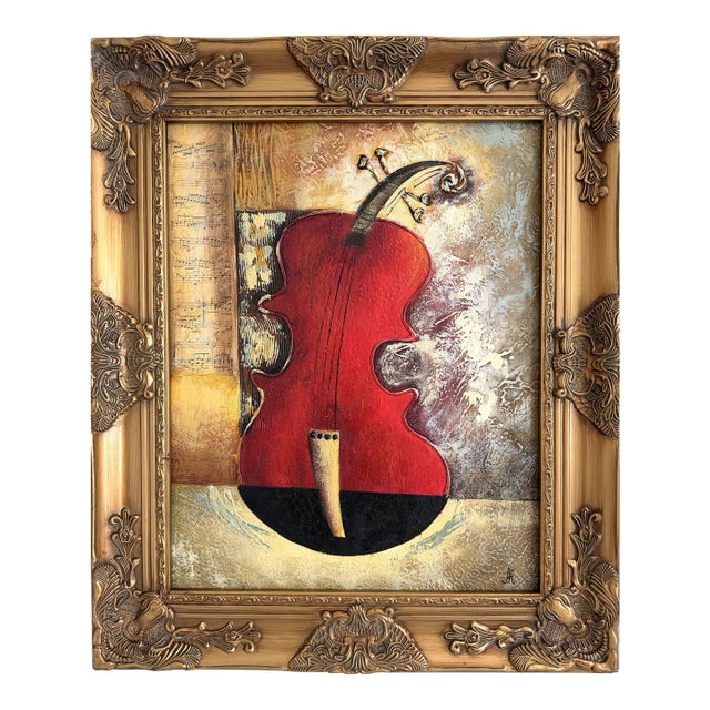 Original Textured Oil Painting “Nocturne” by Alena Kalen Framed Musical Violin For Sale