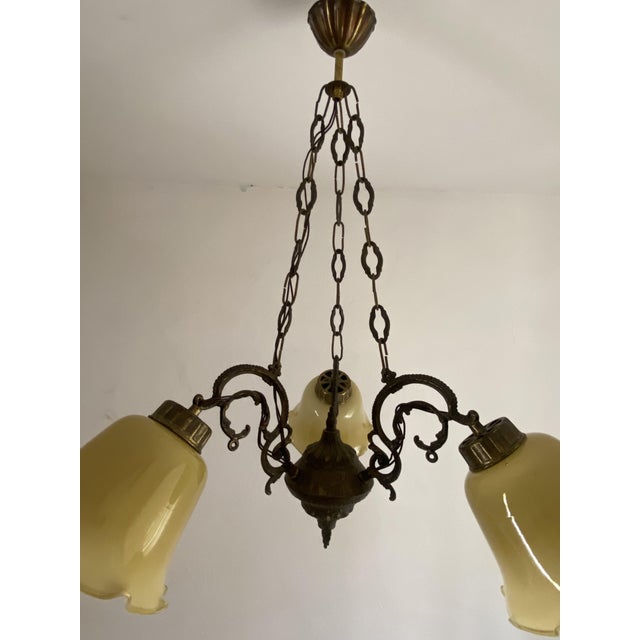 Vintage Art Nouveau Revival Three-Light Chandelier with Opaline Glass Shades, Yugoslavia, 1960s For Sale - Image 4 of 12
