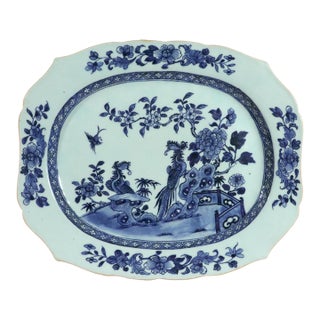 Late 18th Century Chinese Export Porcelain Underglaze Blue and White Shaped Dish With Birds and Peony For Sale