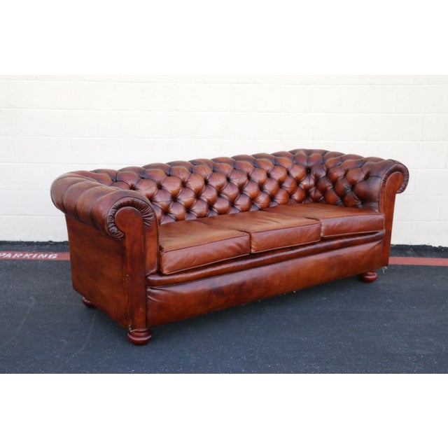 1940s Pegasus Tufted Chesterfield Sofa in Distressed Brown Leather For Sale - Image 10 of 18