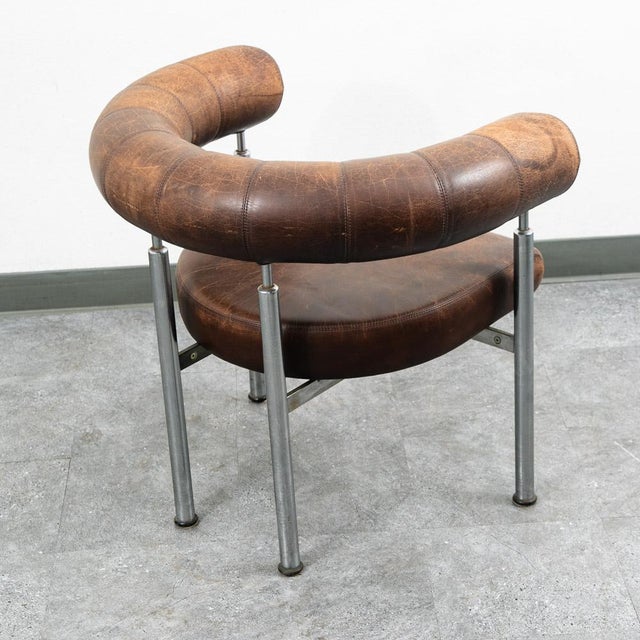 1960s Mid Century Danish Modern Lounge Chair Brown Leather Round Back Steel Cobra Seat For Sale - Image 11 of 12