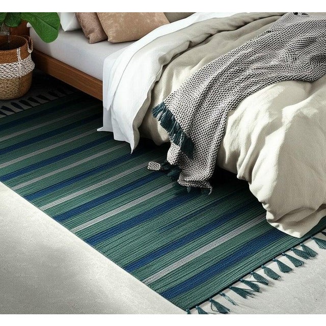 2020s 5x8 Blue Flat Weave Wool Bamboo Silk Coastal Horizon Striped Modern Carpet Rug For Sale - Image 5 of 7