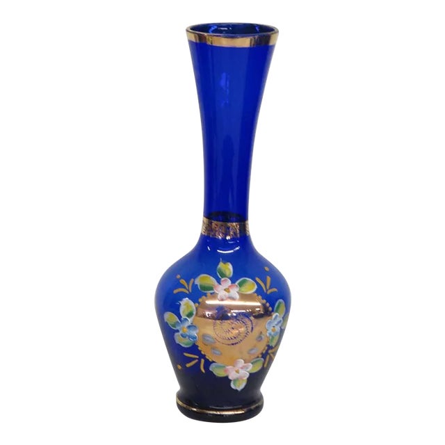 Cobalt Blue and Gold Hand Painted Flowers Czech Bohemian Glass Bud Vase For Sale