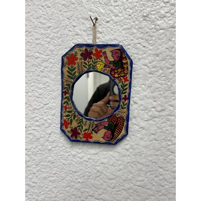 Folk Art Mithila Folk Hand-Painted Art Wall Small Mirror For Sale - Image 3 of 12