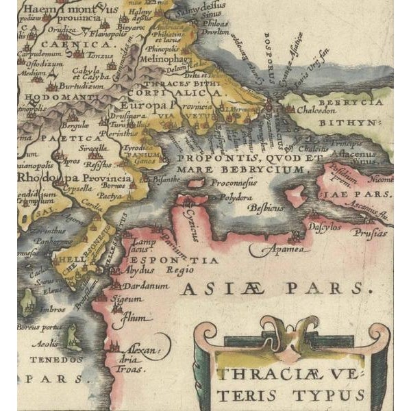 This small map was engraved by Petrus Kaerius and is based on Ortelius' map of the same title. It covers the ancient...