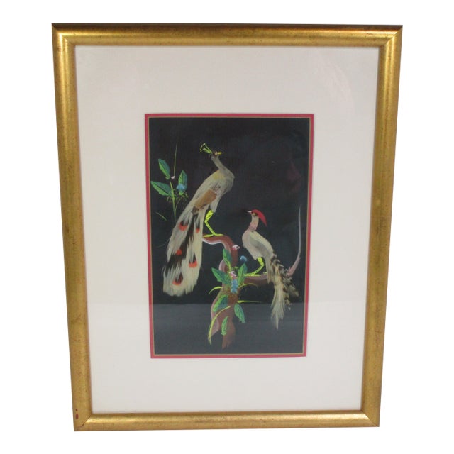 Vintage Feather Art Bird Painting in Gold Frame For Sale