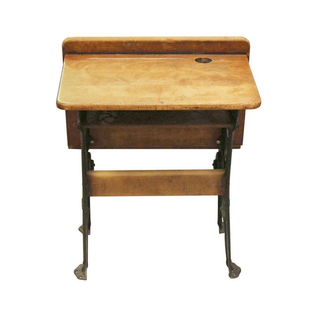 Wood Antique Oak & Iron Childrens School Row Seat & Desk Combo For Sale - Image 7 of 9