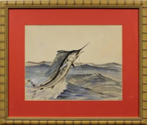 "Leaping Swordfish" Watercolor Painting in Bamboo Frame