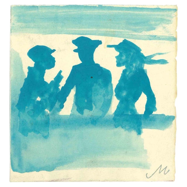 Mino Maccari, The Discussion, Watercolor, Mid-20th Century For Sale