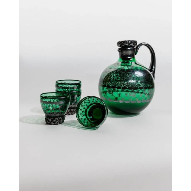 Vintage Green Murano Glass Liqueur Decanter and Glasses with Hand-Painted Silver Decor, Italy, 1930s, Set of For Sale - Image 11 of 11