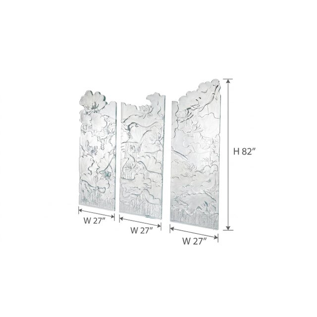 Hand-Carved Floral Glass Folding Room Divider – Sculptural 3-Panel Screen For Sale - Image 4 of 4