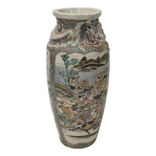 Vintage Asian Satusma Ceramic Handpainted Samurai Relief Dragon Motif Vase For Sale