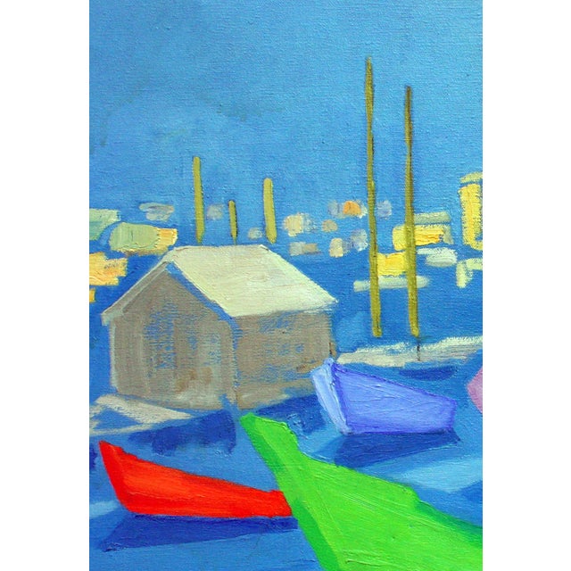 Modernist Boats - Abstract Monterey Seascape in Oil on Canvas Vibrant abstracted landscape of colorful boats in a Monterey...