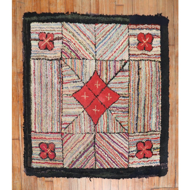 Textile Mid 20th Century Square American Hooked Scatter Rug For Sale - Image 7 of 18