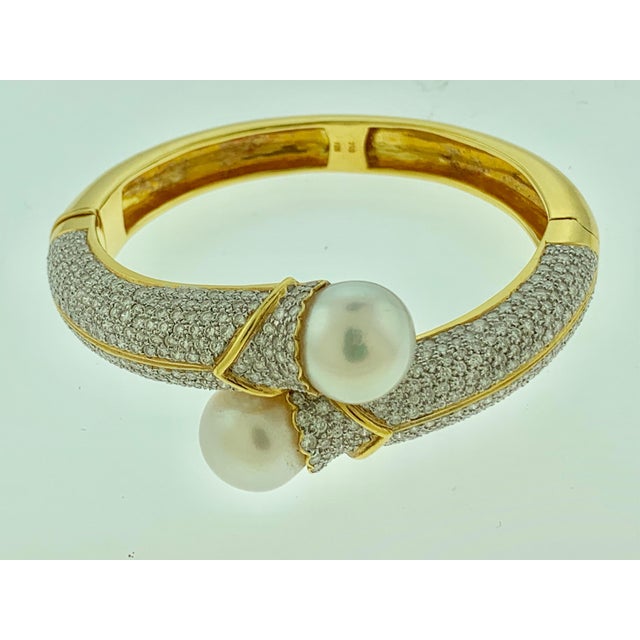 2000 - 2009 South Sea Pearl and 8 Carat Diamond Bangle in 18 Karat Yellow Gold Estate For Sale - Image 5 of 18